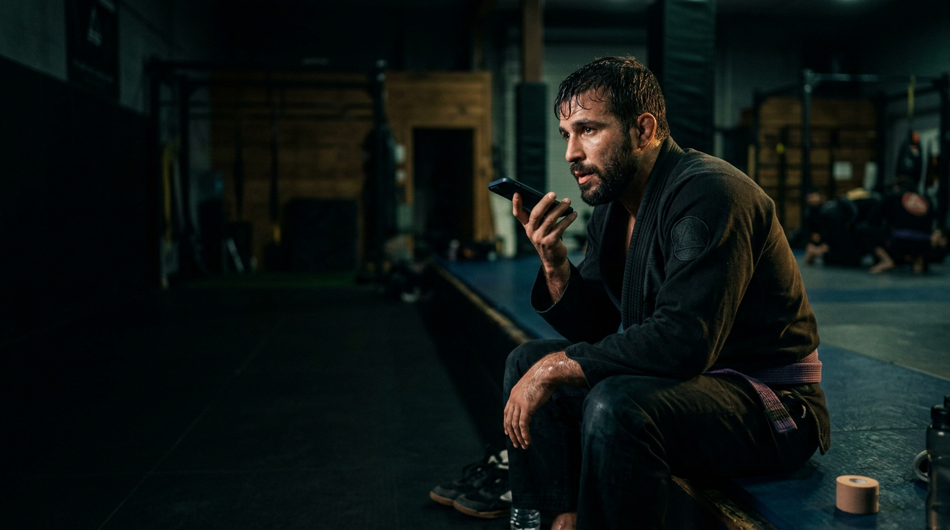 A BJJ athlete in a black gi sits at the edge of the mat, recording a voice note on his phone